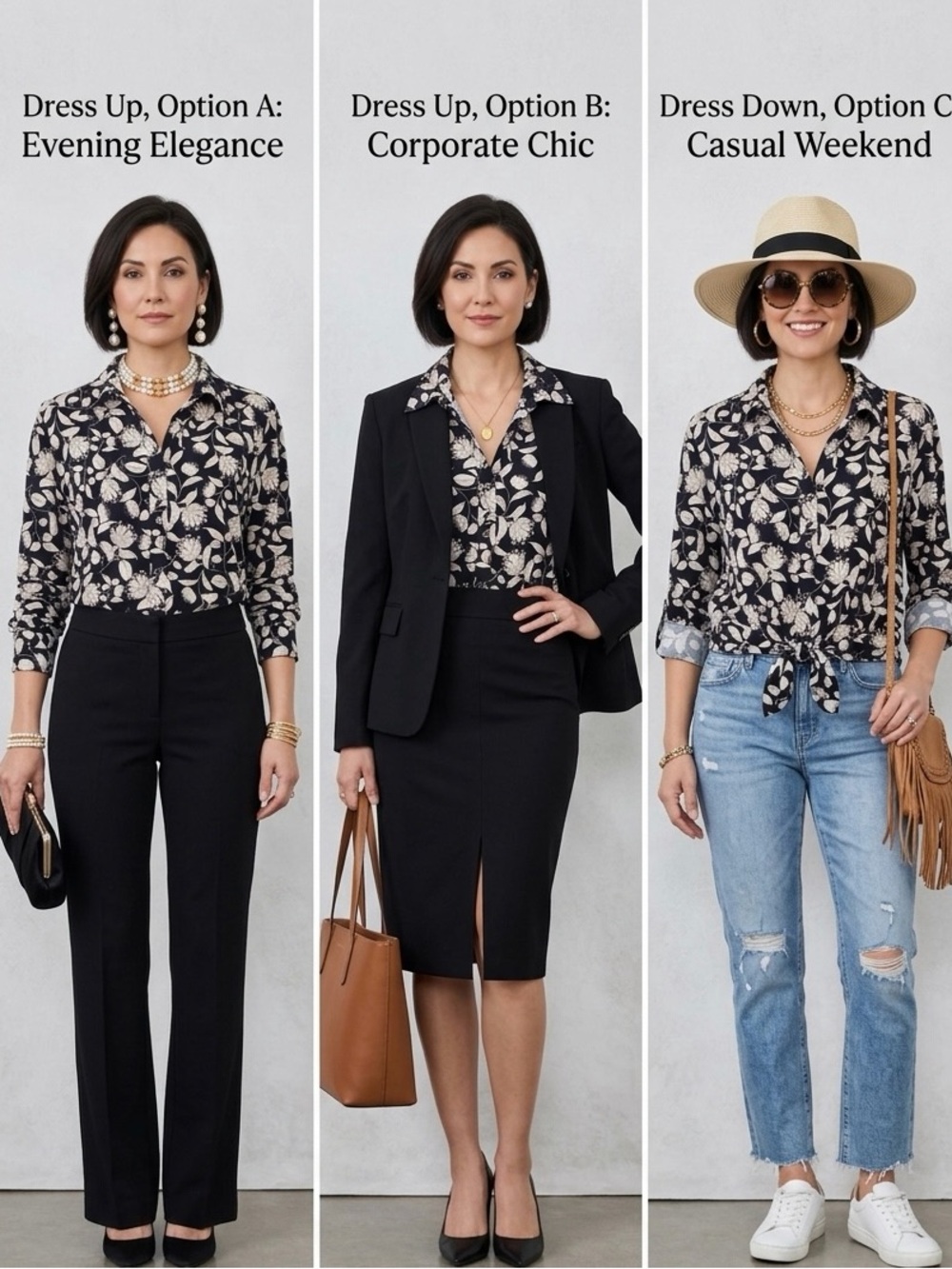 Tahari Black and White Floral Button-Up Blouse